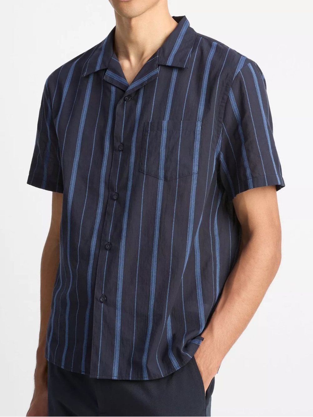 NEW $228 VINCE MENS SIZE M COTTON CABANA CAMP SHIRT NAVY BLUE STRIPED BUTTON UP